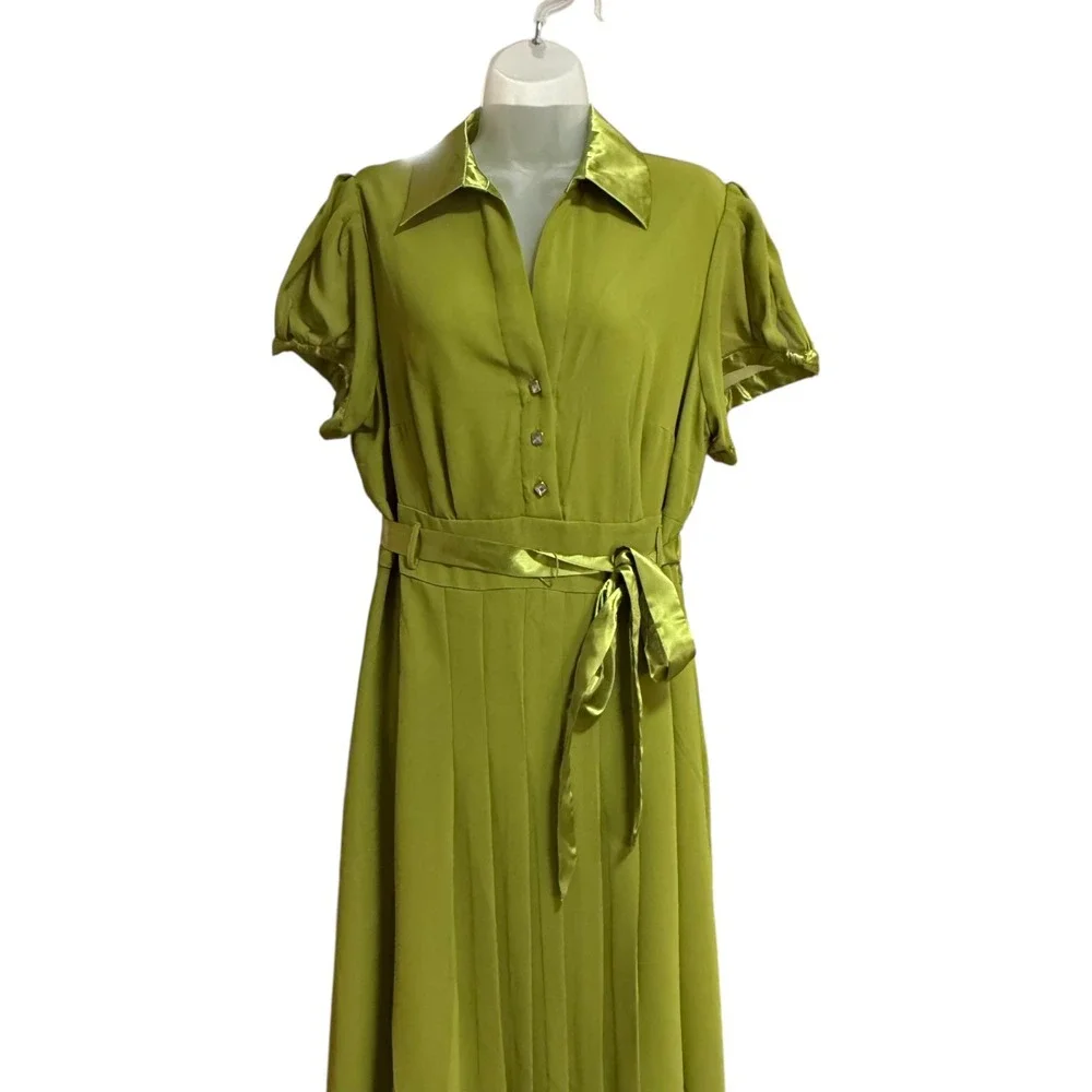 Jessica London Pleated Midi Dress Women 16W Green Excellent Short Sleeve Belted - Picture 2 of 6